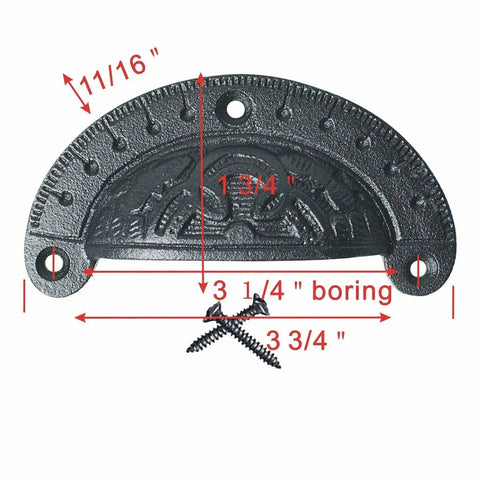 Antique Black Cast Iron Cup Bin Handles With Hella Sturdy Heavy Duty Craftsmanship And Legit Scratch Proof Finish For Vintage Cabinetry Refresh Project Pack Of Four Hardware with dimensions shown.
