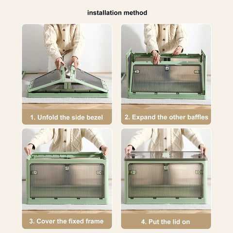 Slick Clear Foldable Storage Bins With Secure Lids Heavy Duty Plastic Containers installation steps shown in four images.