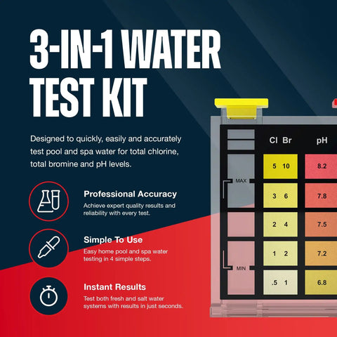 3-in-1 water test kit showing total chlorine, bromine, and pH results for No Sweat Three Way Pool And Spa Water Testing Kit.