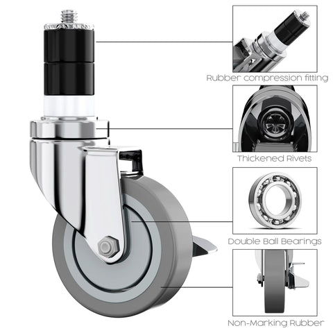 4-Inch Table Casters Set Of 4 With Expanding Stem Stainless Steel Locking Non Marring Rubber Wheels close-up with parts labeled