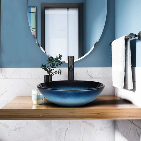 Dope Look Vessel Sink For Your Bathroom, Tempered Glass Vanity Bowl In Blue With Oil Rubbed Bronze Faucet And Pop Up Drain