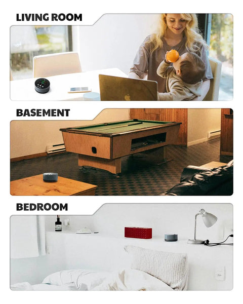 Hassle Free Radon Detector For Home And Basement Tracking Long Term Indoor Air Quality With Rechargeable Battery in living room, basement, and bedroom.