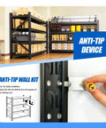 Anti-tip wall kit installation on Heavy Duty Bulletproof Four Tier Steel Storage Shelves For Garage And Workshop With Wide 79 Inch Base.