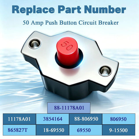 Top Shelf 50 Amp Push Button Circuit Breaker Heavy Duty build with red button for marine motors, part numbers shown
