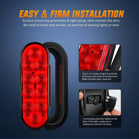 Six Inch Oval Trailer Tail Light Kit With Red And White 10 LED Per Light 6 Pack Flush Mount Grommets And Plugs IP67 Waterproof