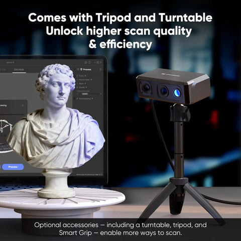 Compact Portable 3D Scanner With Blue LED And Dead Accurate 0.02mm Precision For Flawless Model Reconstruction And No Sweat High Speed 3D Printing Solutions Premium Grade on a tripod next to a digital display of a scanned bust.