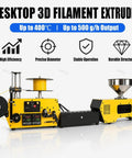 Compact Desktop 3D Printer Filament Extruder With Recycler Machine transforms scrap plastic into spools, showcasing controls and yellow design.