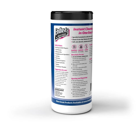 Screen And Surface Cleaning Wipes For Electronics, LCD And Plasma Displays, Streak Free Dust And Fingerprint Remover, 70 Count Wipes For TVs, Monitors, Laptops, And Other Screens in a cylindrical container.