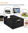 Heavy Duty Foldable Storage Baskets In Matte Black With Chunky Wood Handles Rectangle Linen Cube Organizer Box for toys and books.