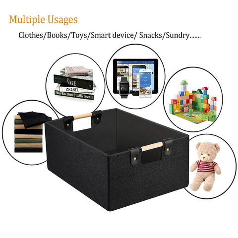 Heavy Duty Foldable Storage Baskets In Matte Black With Chunky Wood Handles Rectangle Linen Cube Organizer Box for toys and books.