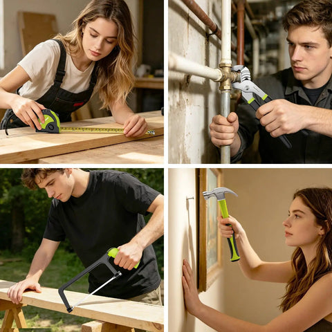 Smooth Operator 20V Cordless Drill Driver With 199 Piece Power Tool Set Including Two Batteries Quick Charger Led Light And Rugged Tool Box For Easy Home Projects Furniture Assembly And Wood Metal Drilling Built Tough To Crush Any Job. Tools being used for measuring, cutting, plumbing, and hammering around the home.