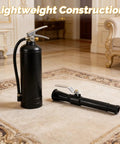 Top Shelf Fire Extinguisher Discharge Nozzle Hose With Instant Swap Spray Tip next to a lightweight fire extinguisher on carpet.