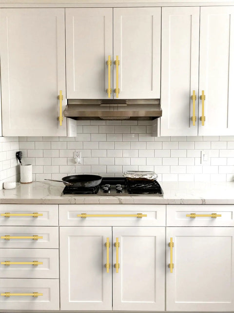 Top Tier Brushed Gold Cabinet Pulls 10 Pack 5 Inch Center To Center on modern white kitchen cabinets with stove