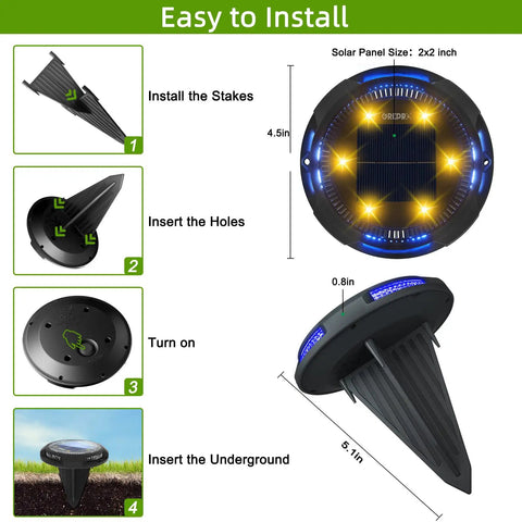 Installation steps for 8 Pack Solar Ground Lights With 10 LED Each IP65 Waterproof Outdoor Garden Pathway Lights showing stakes and positioning.