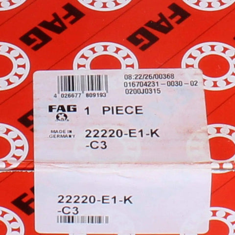 Heavy Duty 22220 Spherical Roller Bearing Precision Tapered Bore C3 Clearance packaging with model number 22220-E1-K-C3.