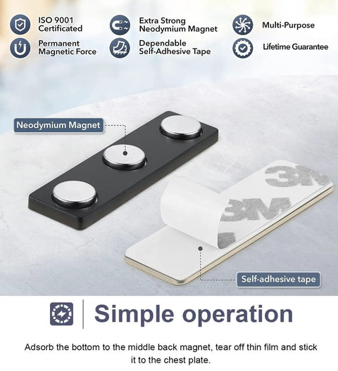 Rock Solid Magnetic Badge Holders Three Pack For Shirts Uniforms And Name Tags Featuring Neodymium Magnets with self-adhesive backing.