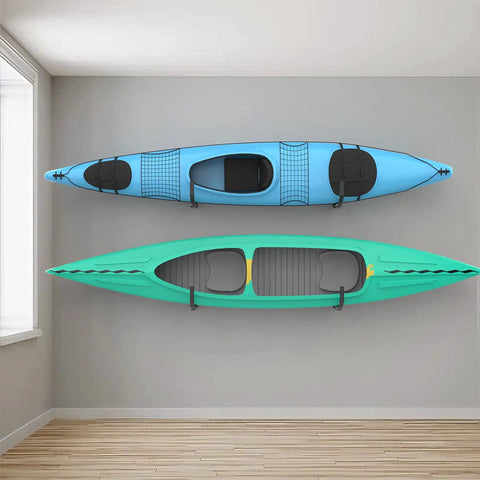 Slick Wall Mount Kayak Rack And Universal Garage Storage Hooks For Quick Gear Stash Out keeps two kayaks securely mounted on a wall.