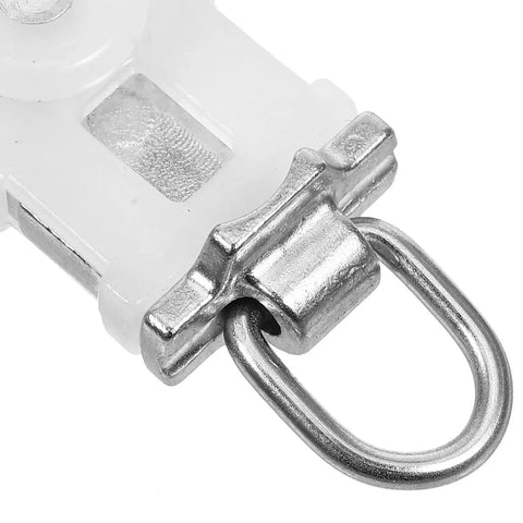 Close-up of a heavy duty double wheel curtain track pulley featuring aluminum alloy and tough plastic for window treatments.