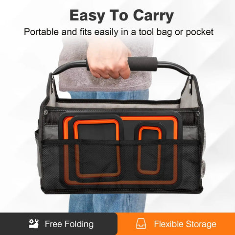 Collapsible Magnetic Parts Tray Set With 3 Foldable Silicone Tool Trays inside a tool bag, showing portability.