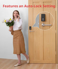 Woman standing by door with Bluetooth Keyless Smart Lock For Front Door With Easy Install, Works With WiFi Bridge Sold Separately.