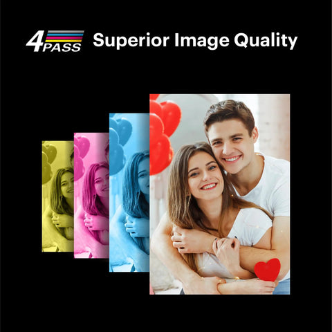 Dock Plus 4x6 Photo Printer For iPhone And Android displaying color print quality with 4PASS dye sublimation and couple photo.
