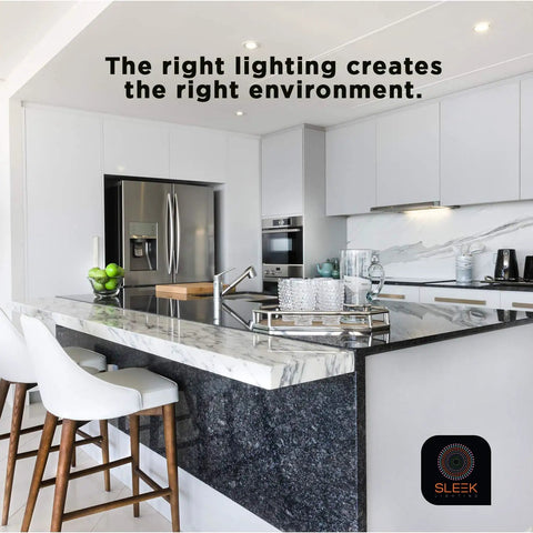 Modern kitchen with sleek design showcasing Three Pack 23W CFL Light Bulbs With E26 Base 2700K Warm White 1600 Lumens