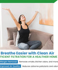 Woman enjoying clean air indoors, promoting the Electrostatic Washable Furnace Filter Reusable Hvac Air Filter With Sturdy Aluminum Frame Built Like A Beast To Nails Your Duct Specs For Top Shelf Airflow Daily.