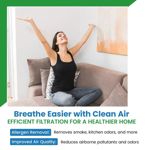 Woman enjoying clean air indoors, promoting the Electrostatic Washable Furnace Filter Reusable Hvac Air Filter With Sturdy Aluminum Frame Built Like A Beast To Nails Your Duct Specs For Top Shelf Airflow Daily.