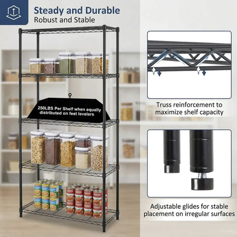 Rock Solid Five Tier Heavy Duty Wire Shelving Unit With Adjustable Metal Storage Shelves For Garage Closet Pantry, Black Corrosion Resistant Rack Holds Two Hundred Fifty Pounds Per Shelf Built To Last with food containers and cans.