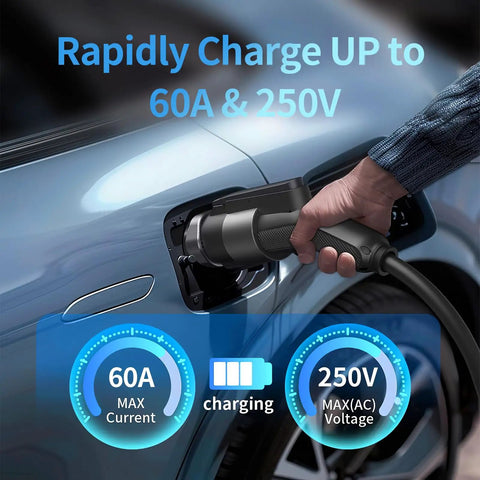 Top Shelf J1772 To Tesla Charging Adapter Up To 80A Fast Electric Connector plugged into EV charger showing 60A and 250V.
