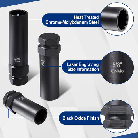 Close-up of Eight Piece Spline Lug Nut Socket Set Sae Metric Wheel Lock Removal Kit Cr Mo Steel highlighting sizes and black oxide finish.
