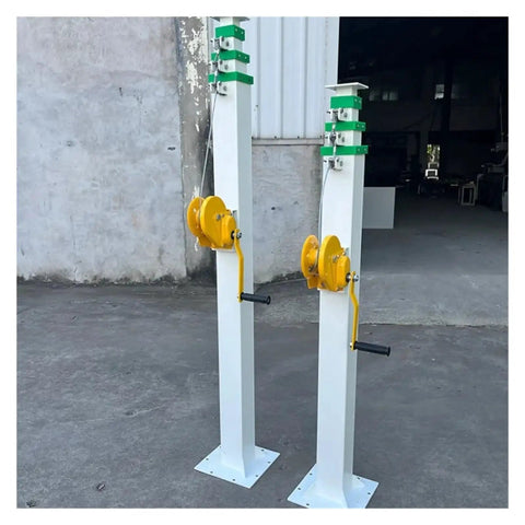Rock Solid Hand Cranked Lifting Pole With Smooth Manual Telescopic Winch And High Strength Aluminum Frame For Hassle Free Antenna Setup Up To Eight Meters Quick Deploy side view of two manual lifting poles with yellow winches