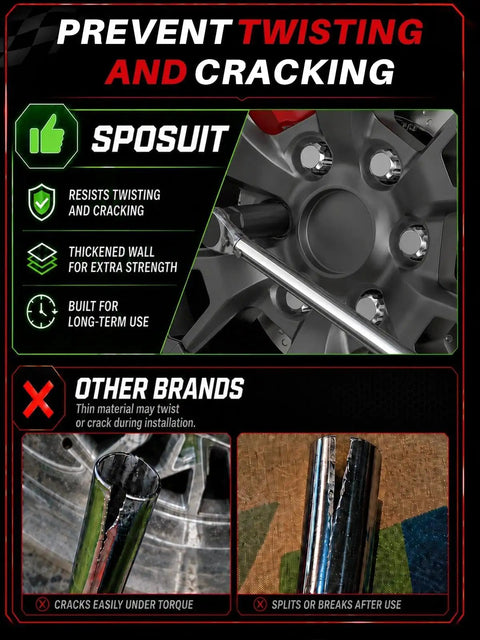 Heavy Duty 7 Spline Lug Nut Socket Key For Stripped Fastener Removal With 21Mm And 22Mm Hex Drive Compatibility and Chrome Plated displayed on a wheel.