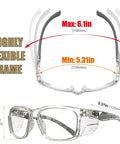 Tough Safety Glasses With Side Shields Anti Fog Clear Lens ANSI Z87 Plus Certified Protective Eyewear showing flexible frame size options.