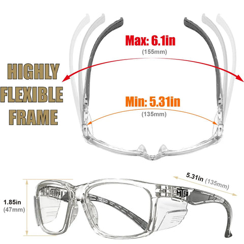 Tough Safety Glasses With Side Shields Anti Fog Clear Lens ANSI Z87 Plus Certified Protective Eyewear showing flexible frame size options.