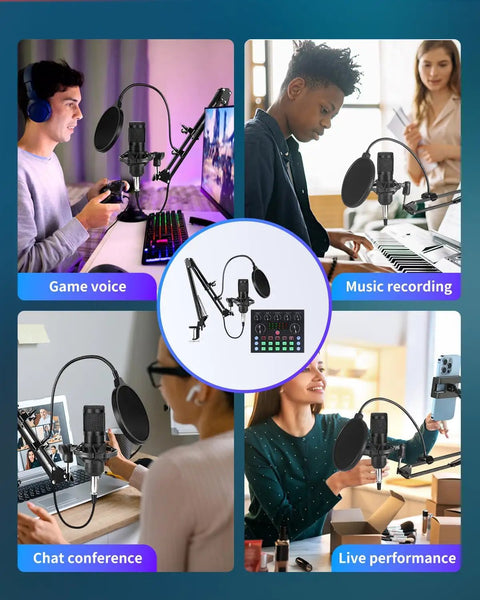 Straight Fire Podcast Recording Bundle With Dual Condenser Microphones And Bluetooth Sound Card For Dead Simple Home Studio Setup, showing versatile use for gaming, music, and chat.