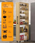Seven Tier Narrow Rolling Cart With Slick Casters Fits Snug In Tight Kitchen Corners Hella Sturdy Slim Storage Rack With Sure Grip Handle And Bold Red Finish For Cooking Essentials filled with jars and utensils.