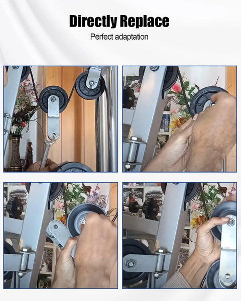 Heavy Duty 4 5 Inch Nylon Pulley Wheel For Smooth Cable Guidance shown being installed on gym equipment.