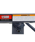 Heavy Duty Adjustable Height Dual Wheel Dolly With 1500 Lbs Lift Capacity view showing hydraulic jack and warning label.