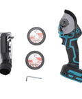Badass Mini Cordless Circular Saw Delivering 19000 Rpm for no sweat cuts, includes saw, two cutting wheels, and an Allen wrench.
