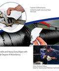 Front view: white 4x4 in cleanroom wipes, cellulose/polyester nonwoven, for oil absorption on a metal pipe