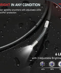Close-up of Two Way Articulating Borescope Inspection Camera featuring 6 LED lights for visibility in dark and wet conditions.