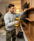 Man using 21V Cordless Drill And Screwdriver Set Boasts Multiple Drive Modes And Adjustable Torque For Precision Work on wooden shelf.