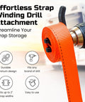 Ratchet Strap Winder Drill Bit Attachment For Effortless Tie Down Rolling close-up of tool winding orange strap