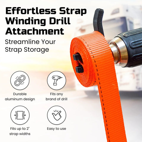 Ratchet Strap Winder Drill Bit Attachment For Effortless Tie Down Rolling close-up of tool winding orange strap