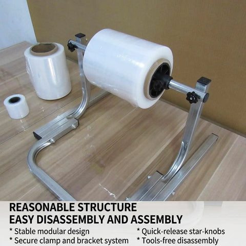 Heavy Duty Bubble Wrap Dispenser Stand Featuring Adjustable Plastic Guides And Rust Proof Steel Frame Providing 50 Kilogram Capacity for easy assembly on a shipping room table.