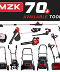 MZK 70-plus tools including trimmers, blowers, mowers, and dethatchers displayed on a black background.