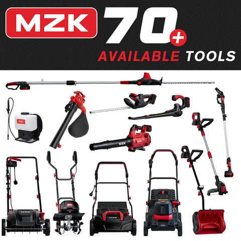 MZK collection of electric garden tools including dethatcher, blower, trimmer, and mower with powerful 15 Inch 2 In 1 Electric Dethatcher And Scarifier