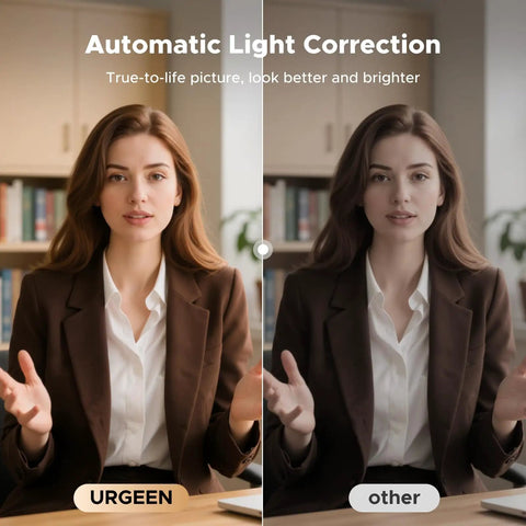 Comparison of video quality with 4K 30FPS Ultra HD PC Webcam With Microphone showing automatic light correction for clear streaming.