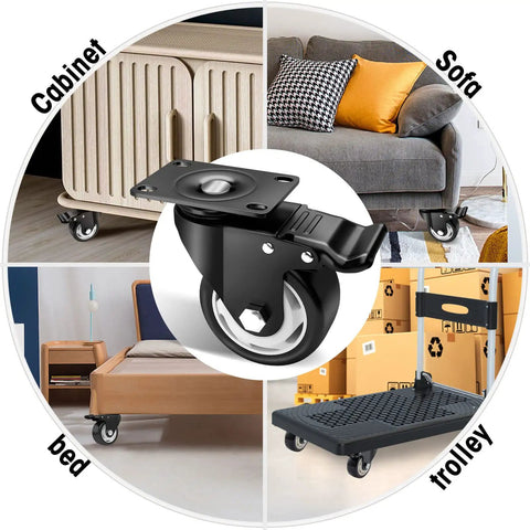 Built Tough 3 Inch Swivel Plate Casters With Secure Wheel Brakes And Smooth Double Ball Bearings for cabinet, sofa, bed, and trolley use.